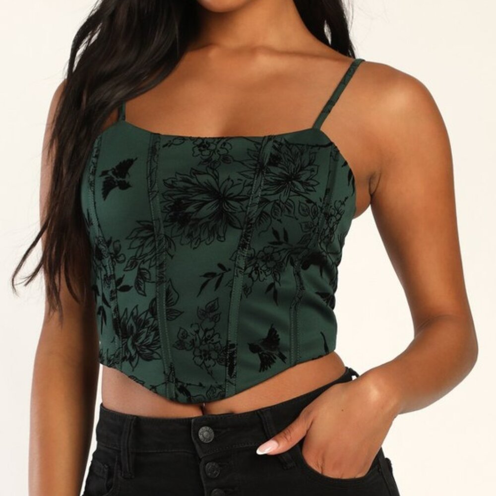 Lulus Effortlessly Romantic Green Floral Print Velvet Bustier Crop Top - Size S